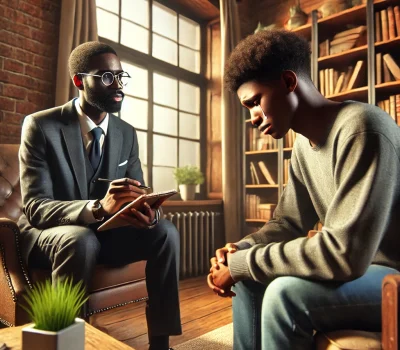 DALL·E 2024-11-24 19.33.09 - A hyper-realistic depiction of a Black counselor and a Black client engaged in an emotional conversation in a cozy office setting. The counselor, dres